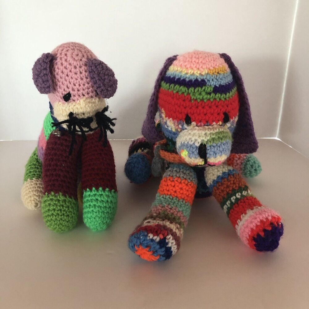 Hand crocheted rainbow puppy dog & cat kitten stuffed animal Handmade, Kitsch